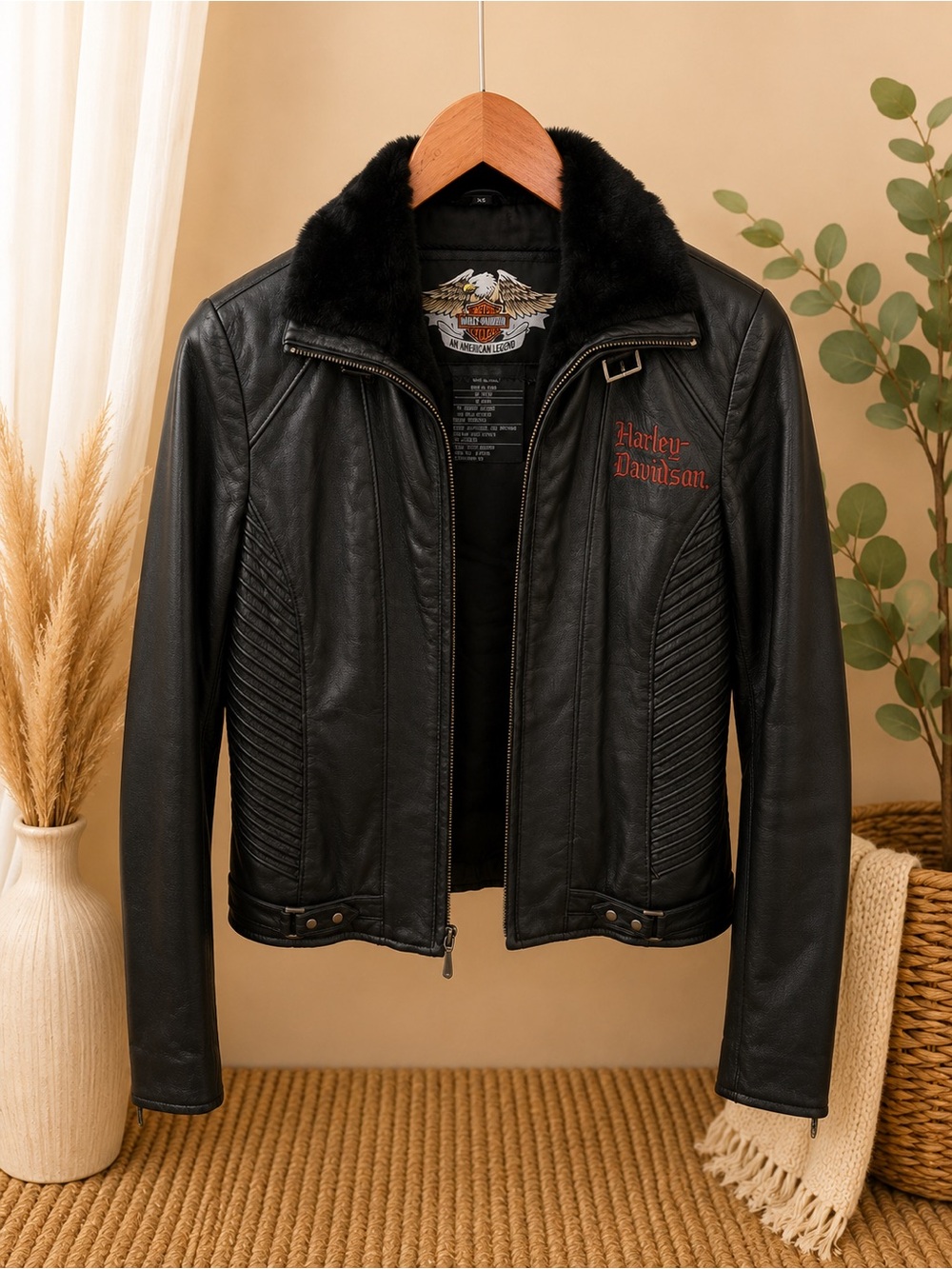 Harley-Davidson Black Leather Bomber Jacket with Faux Fur Collar and Red Logo
